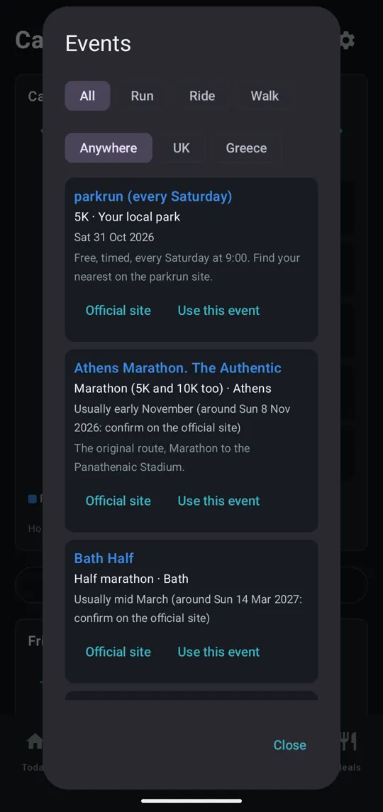 Events: filter by sport and country
