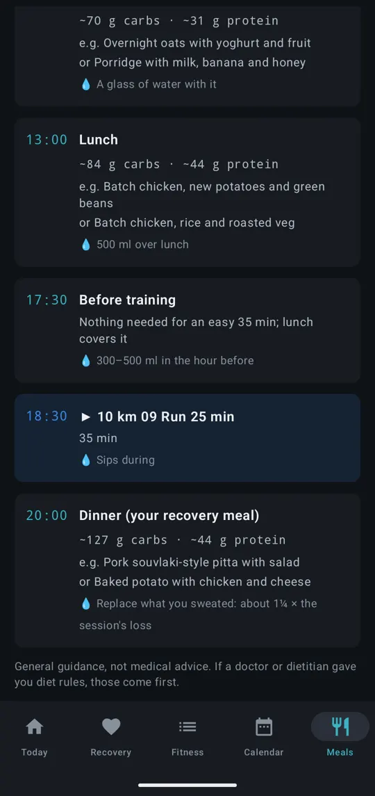 Meals through the day, around the session