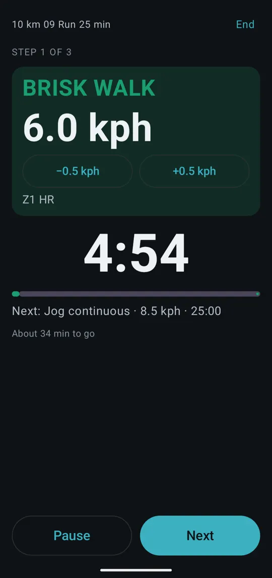 A step: target speed, heart-rate zone and time left