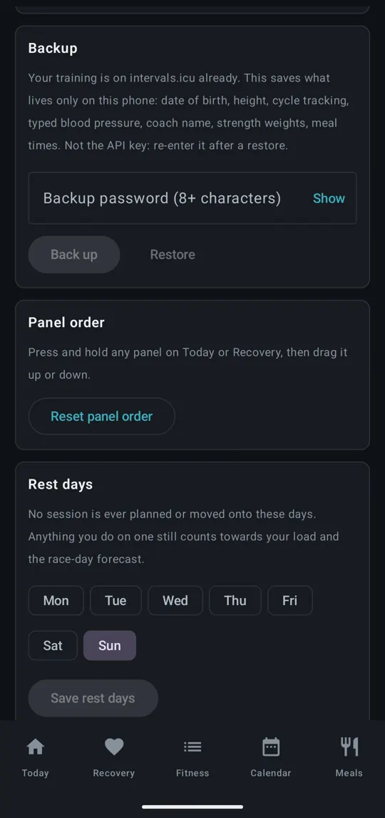 Backup, panel order and rest days